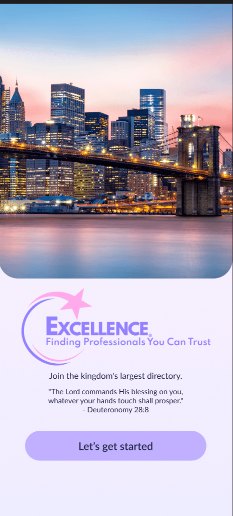 Excellence Directory onboarding screen for Christian business owners.